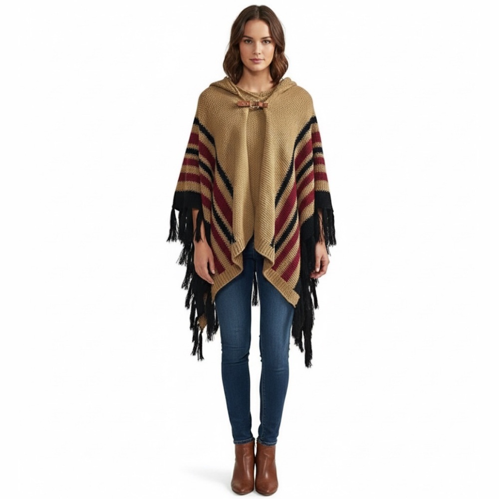 Women's Hooded Poncho Cape Brown Fringe Striped One Size